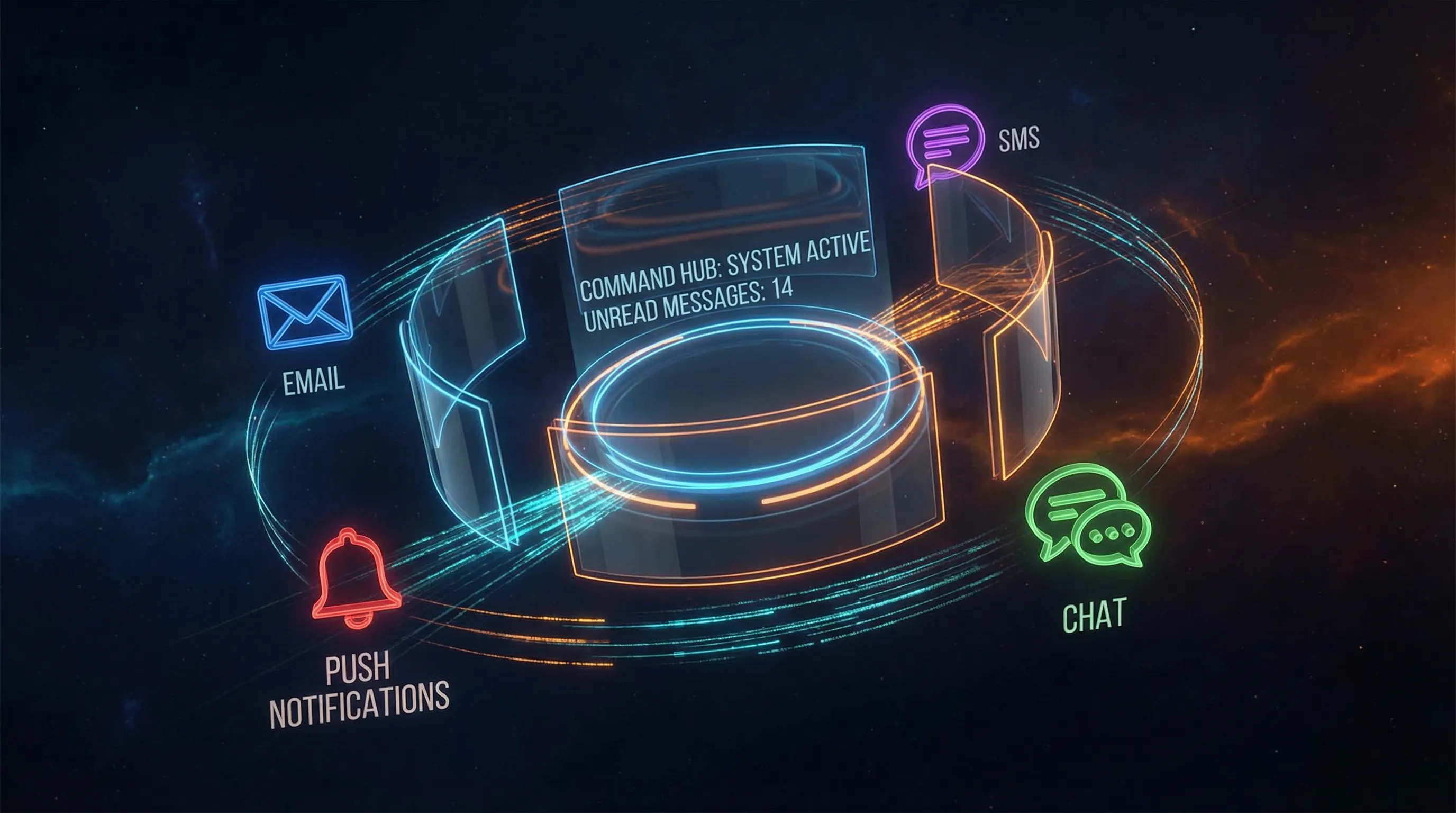 Futuristic holographic messaging dashboard with multi-channel notifications