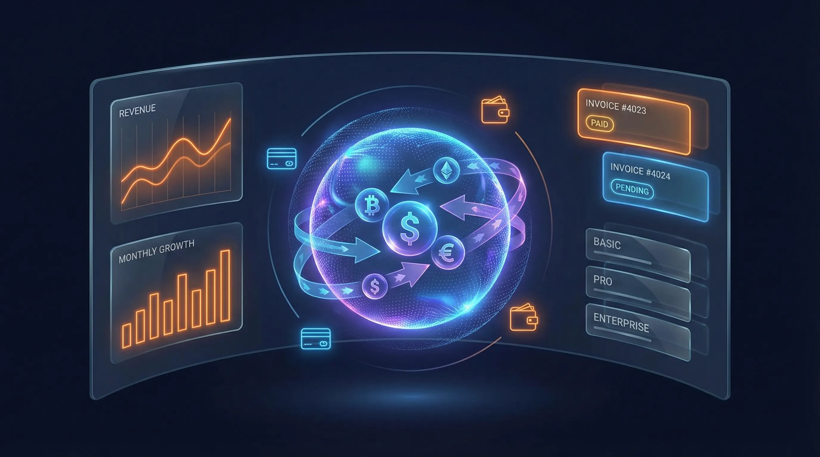 Futuristic payment processing dashboard with transaction flows